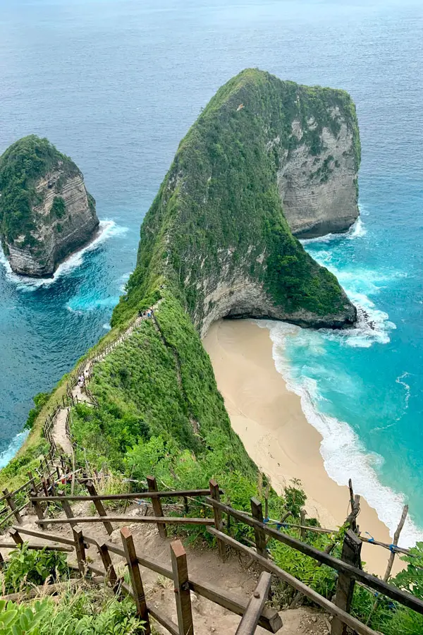 Aerial view of Kelingking Beach T-Rex Cliff in Nusa Penida Bali